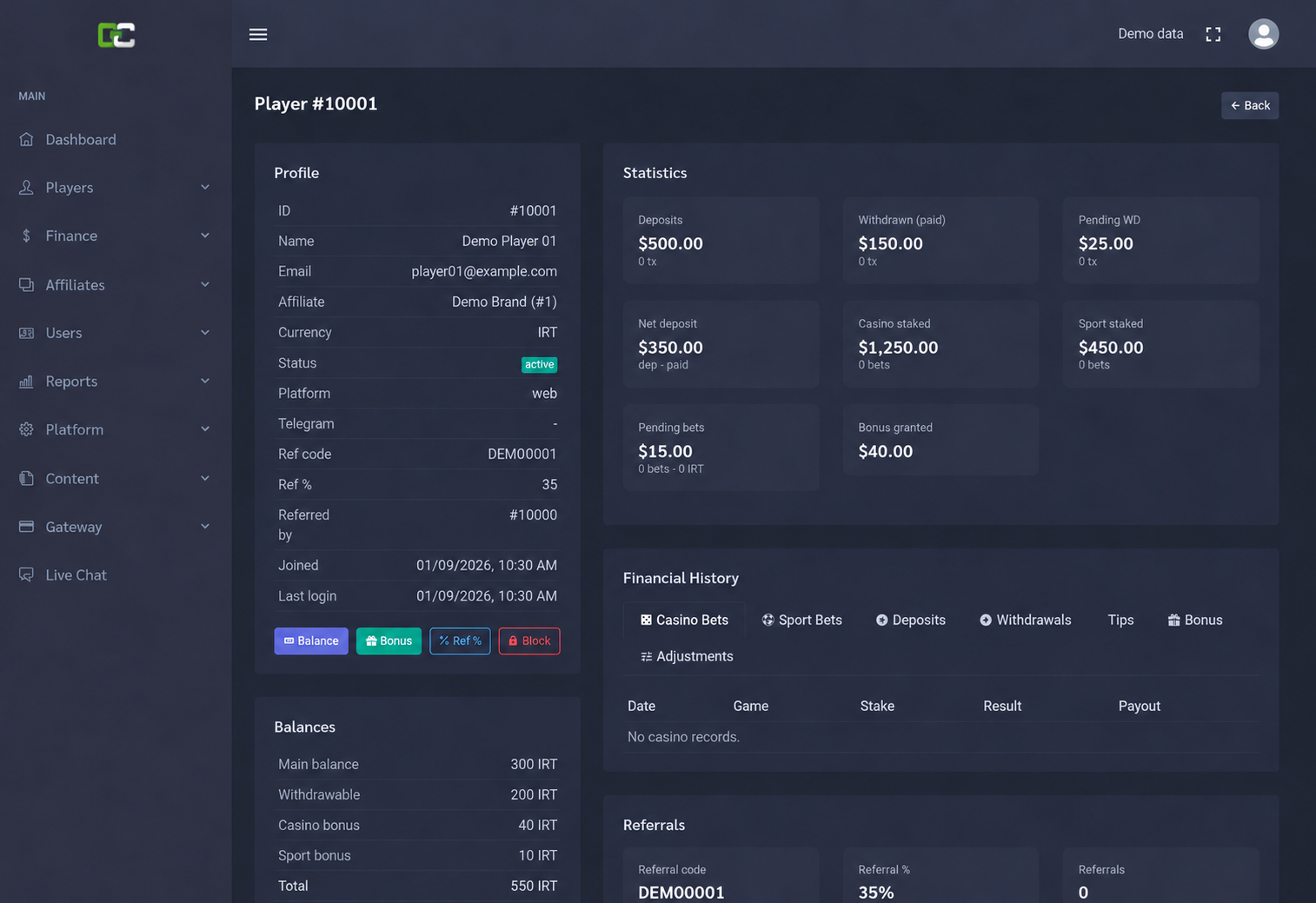player wallet and bonus controls — demo data