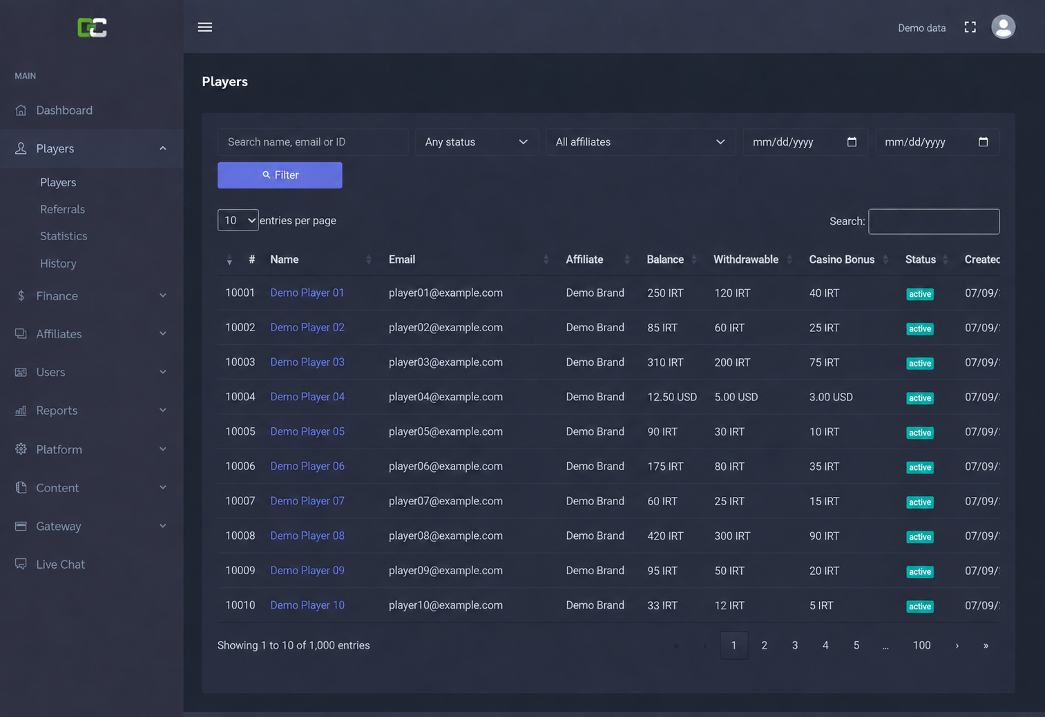player manager — demo data